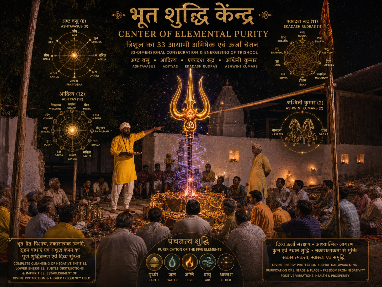 भूत शुद्धि केंद्र — त्रिशूल का 33 आयामी अभिषेक एवं ऊर्जा चेतन, अष्ट वसु, आदित्य, एकादश रुद्र, अश्विनी कुमार